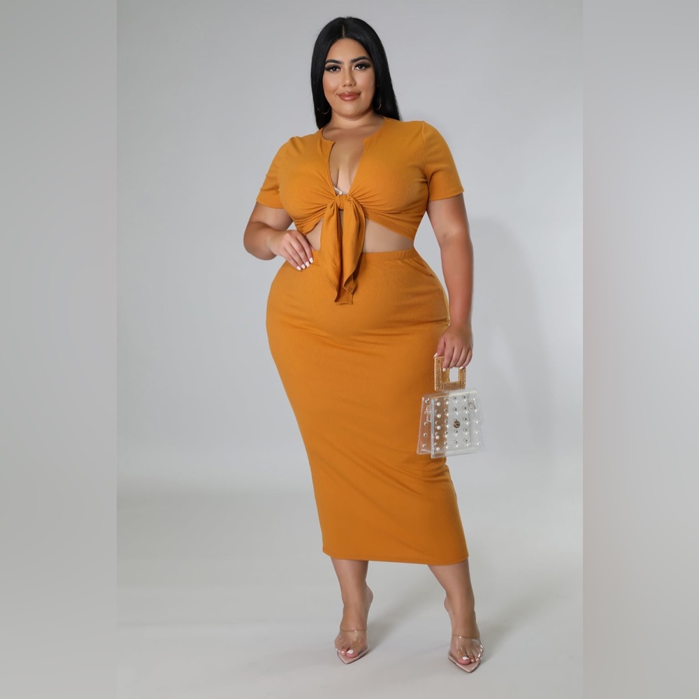 Mustard Ribbed Two Piece Crop Top Skirt Set (All Sizes)